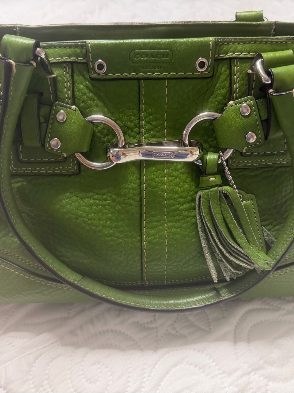 Coach Lime Green Pebbled Leather Shoulder Bag with Tassel and Silver Hardware